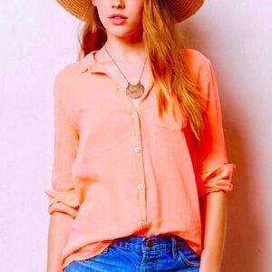 Anthropologie Holding Horses Orange Tissue Button Down Shirt size L